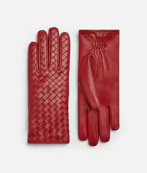 Кожаные перчатки с интрреччиато Bottega Veneta, кирпично-красный