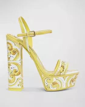 Кожаные сандалии на платформе с принтом в деловом стиле Dolce&Gabbana, цвет Azulejos Giallo