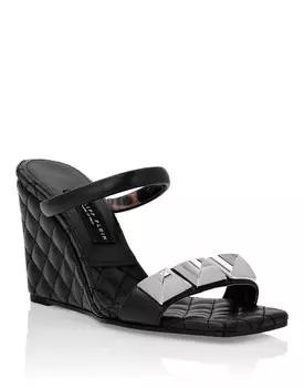 Кожаные сандалии на танкетке с заклепками Matelass Philipp Plein, цвет Black/Silver