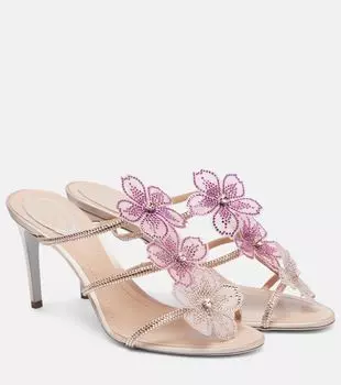 Кожаные сандалии Peach Flower 80 Rene Caovilla, Beige Satin/Silk-Fuxia Multi Strass