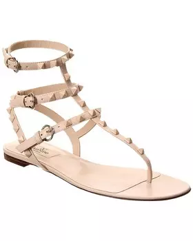 Кожаные сандалии Valentino Rockstud с ремешком на щиколотке, бежевый