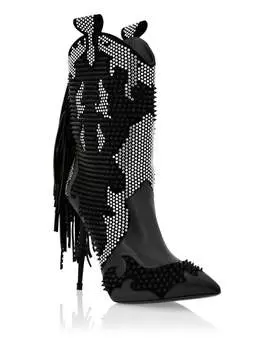 Кожаные сапоги на низком каблуке High Cowboy PHILIPP PLEIN, черный/белый