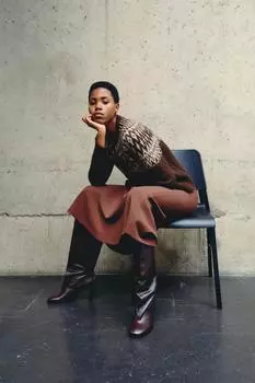 Кожаные сапоги с широкой голениной ZARA, коричневый