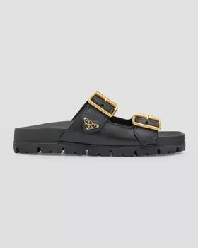 Кожаные шлепанцы с двойной пряжкой Prada, цвет Nero