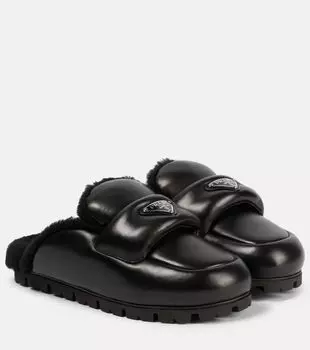 Кожаные шлепанцы с подкладкой из овчины Prada, черный