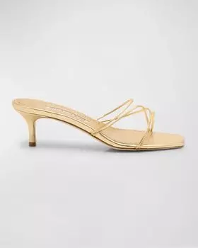 Кожаные шлепанцы с ремешками и эффектом металлик Manolo Blahnik, цвет Gold