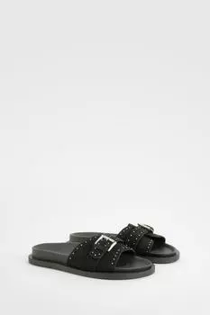 Кожаные шлепанцы с заклепками boohoo, черный