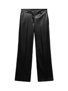 Кожаные штаны MANGO Wide leg Pleated Pants Julie, черный