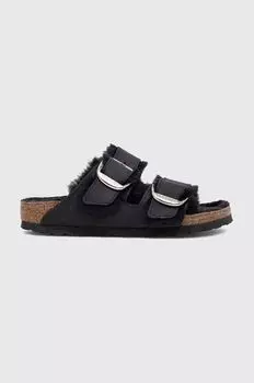 Кожаные тапочки из овчины с большой пряжкой Arizona Birkenstock, черный