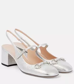 Кожаные туфли-лодочки с перемычкой и ремешком на каблуке Horsebit Gucci, Silver/Silver
