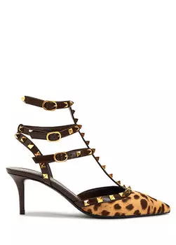 Кожаные туфли rockstud на высоком каблуке с леопардовым узором Valentino Garavani