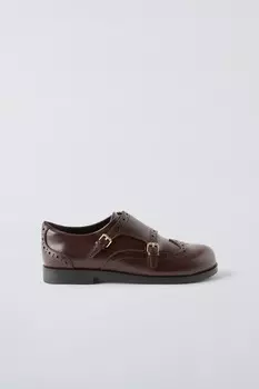 Кожаные туфли с пряжкой ZARA, коричневый