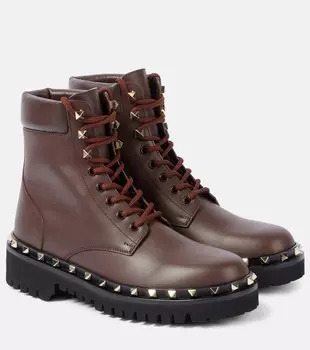 Кожаные военные ботинки Rockstud Valentino Garavani, цвет fondant