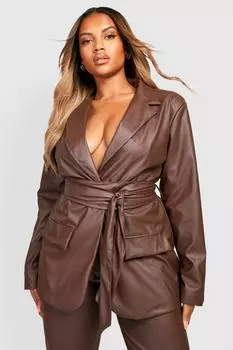 Кожаный блейзер с галстуком-оби Plus boohoo, коричневый