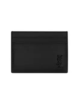 Кожаный футляр для карт с металлическим логотипом Saint Laurent, неро