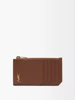 Кожаный картхолдер на молнии с монограммой ysl Saint Laurent, коричневый
