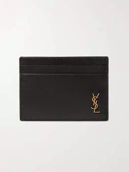 Кожаный картхолдер с аппликацией логотипа SAINT LAURENT, черный