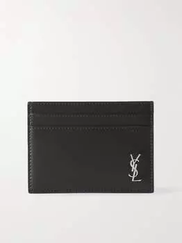 Кожаный картхолдер с аппликацией логотипа SAINT LAURENT, черный