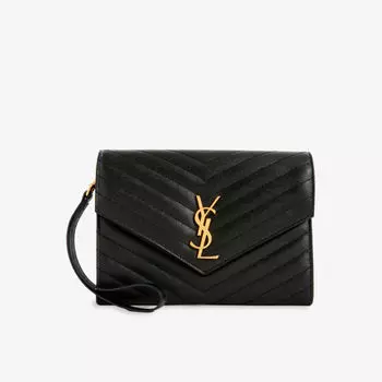 Кожаный клатч-конверт с монограммой Saint Laurent, черный