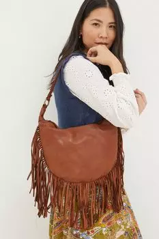 Кожаный кошелек Fatface Dawson в форме полумесяца с бахромой Fat Face, коричневый