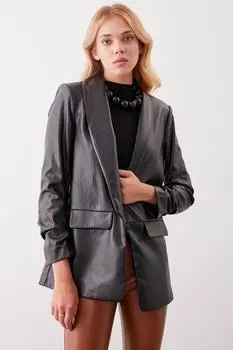 Кожаный пиджак со сборками и длинным воротником и рукавами Vitrin, черный