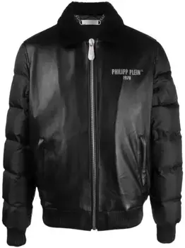 Кожаный пуховик с логотипом Philipp Plein, черный