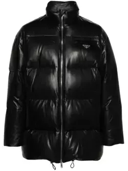 Кожаный пуховик с логотипом Prada, черный