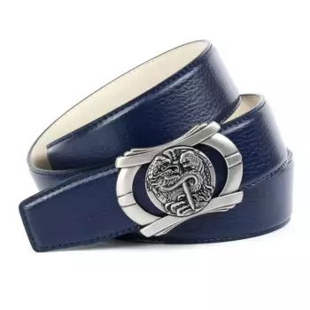 Кожаный ремень Anthoni Crown, эффектная застежка в виде мифических существ, синий