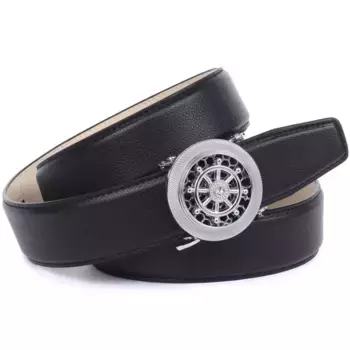 Кожаный ремень Anthoni Crown с автоматической застежкой серебристого цвета и вращающимся рулем, черный
