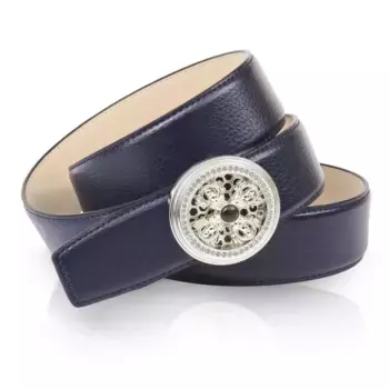 Кожаный ремень Anthoni Crown с пряжкой натурального серебра и вращающимся крестом в виде заводной головки, синий