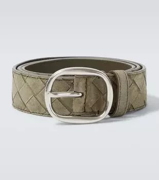 Кожаный ремень Intrecciato из замши Bottega Veneta, Cypress/Silver