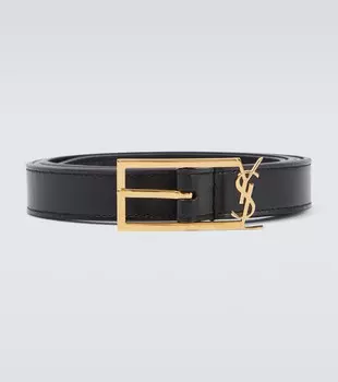 Кожаный ремень New Cassandre с логотипом Saint Laurent, черный