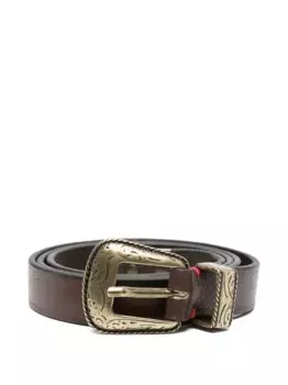 Кожаный ремень с гравированной пряжкой Eleventy, коричневый