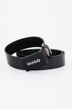 Кожаный ремень с логотипом на пряжке Hugo, черный