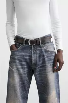 Кожаный ремень с металлическим наконечником ZARA, коричневый