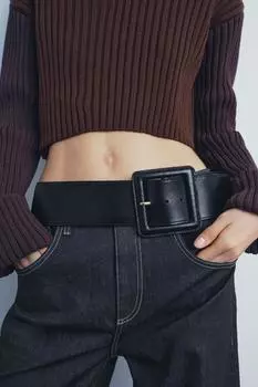 Кожаный ремень с подкладной пряжкой ZARA, черный