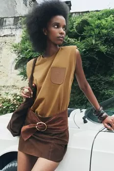 Кожаный ремень с пронзательной пряжкой ZARA, коричневый
