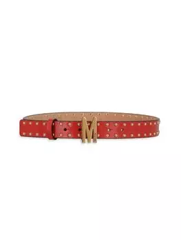 Кожаный ремень с пряжкой M и заклепками Moschino, цвет Fire Engine Red