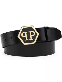 Кожаный ремень с шестиугольным логотипом Philipp Plein, черный