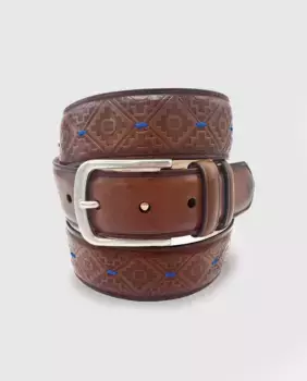 Кожаный ремень с синей декоративной гравировкой Leyva, коричневый