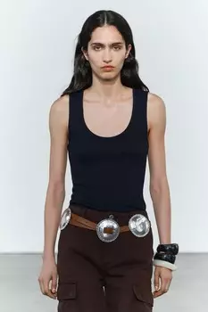 Кожаный ремень с тисненой металлической пряжкой ZARA, коричневый