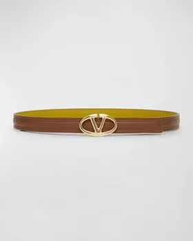 Кожаный ремень с V-образным логотипом и луной Valentino, цвет Tobacco Curry Yellow