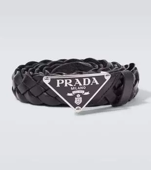 Кожаный ремень с вышитым логотипом Prada, черный