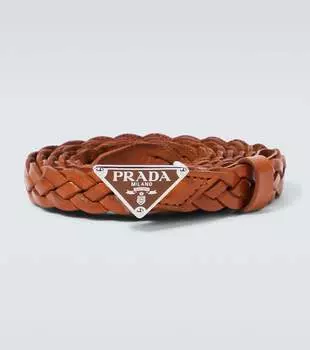Кожаный ремень с вышитым логотипом Prada, Cognac
