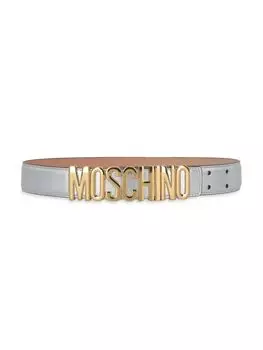 Кожаный ремень с заклепками и логотипом Moschino, цвет Nickel