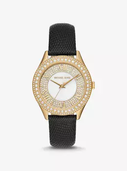 Кожаный ремешок Harlowe с паве золотистого цвета и тиснением под ящерицу Michael Kors, черный