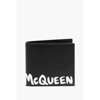 Кожаный складной кошелек с напечатанным логотипом Alexander McQueen, черный