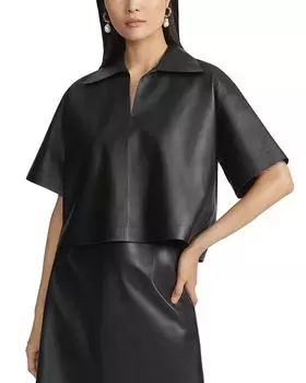 Кожаный топ с разрезом на шее Lafayette 148 New York, черный