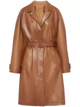 Кожаный тренч с поясом Prada, коричневый