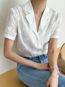 Kpop Блузка с сетчатым воротником и вышивкой Dazy, белый